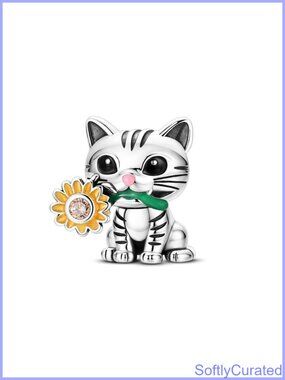 925 Sterling Silver Cat Sunflower Charm for Bracelets & Necklaces